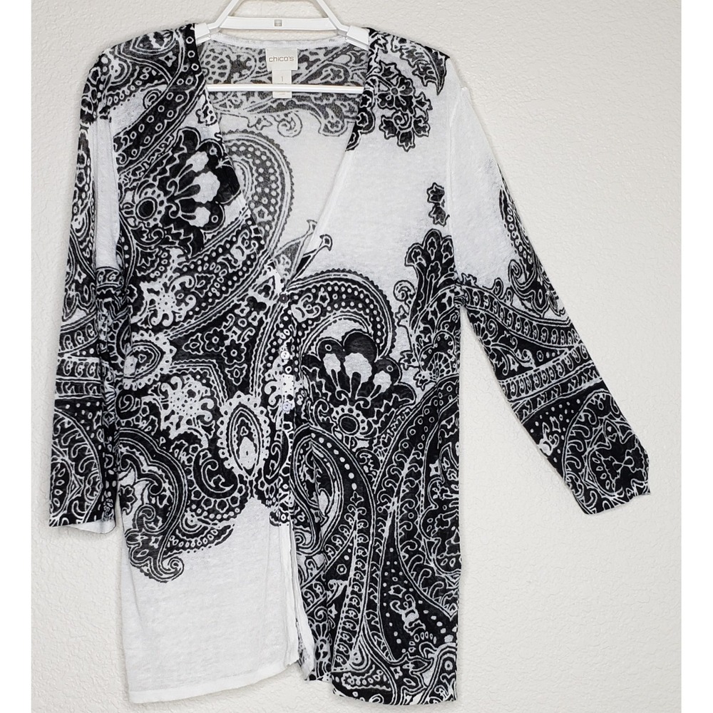 Chico's Sweater Cardigan Button Front Size 1 Black White V-Neck Linen Viscose